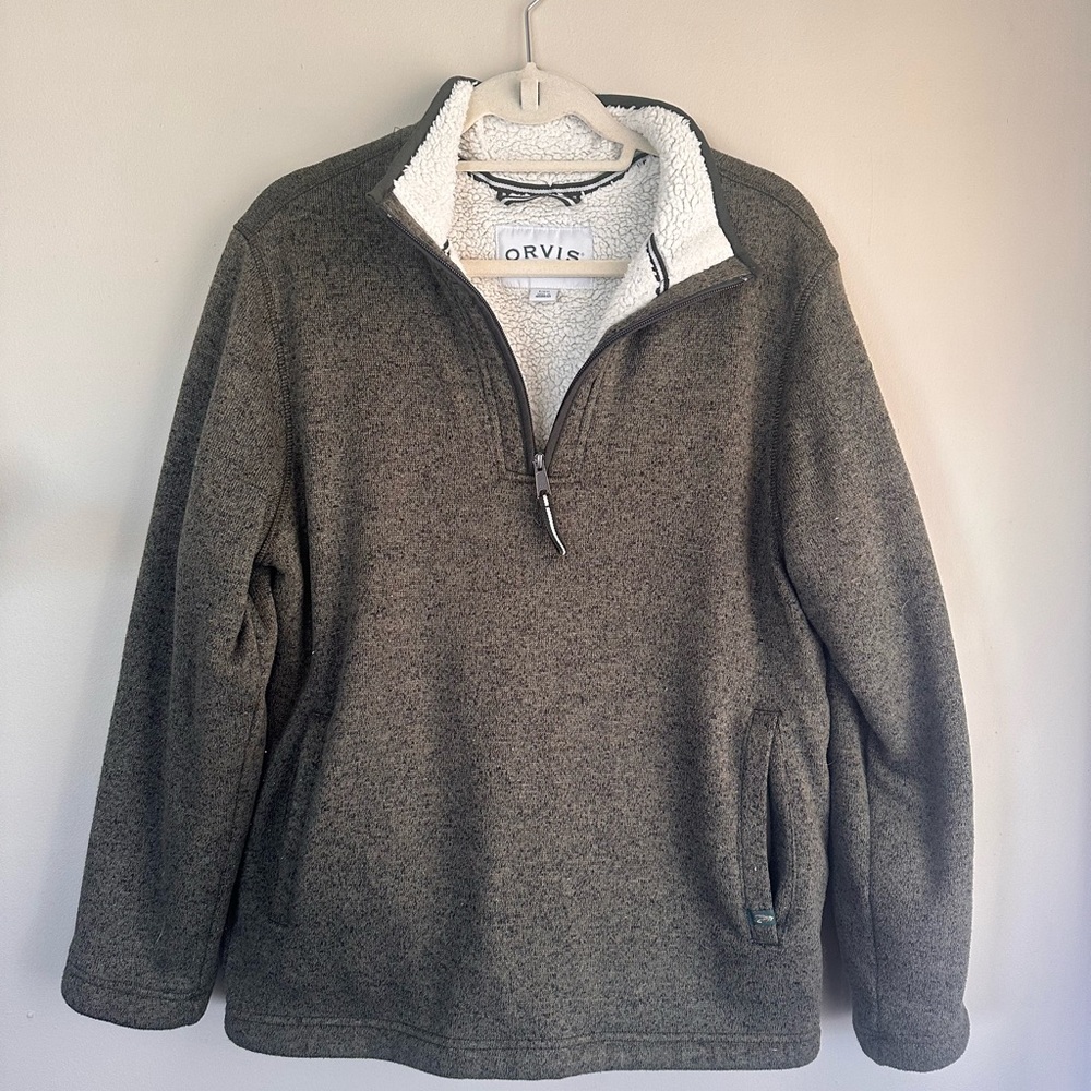Orvis Men's olive Green fuzzy quarter zip Sweatshirt